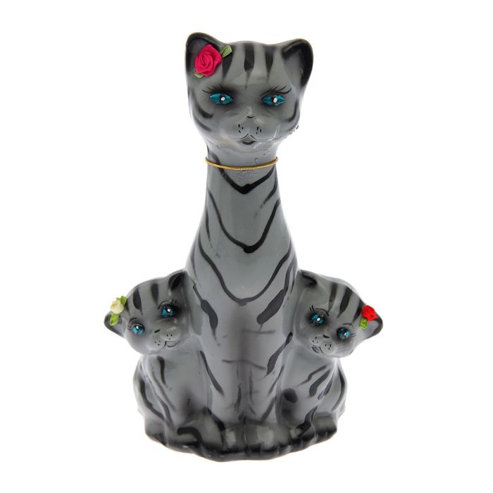 Копилка "Кошка с котятами" серый тигр, глянец