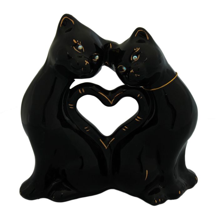 Копилка "Коты сердце" большая, глазурь, чёрная, веревка