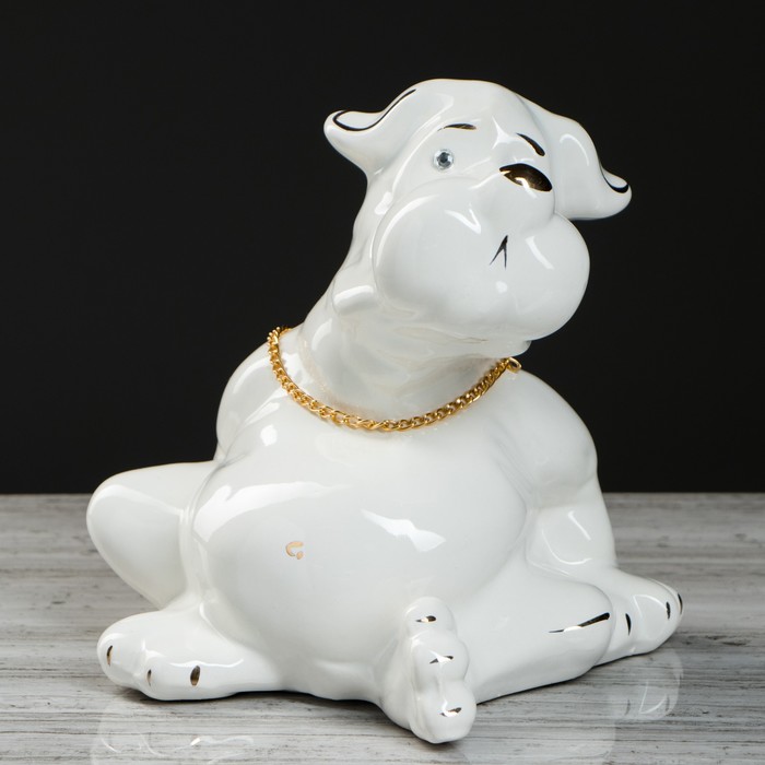 Копилка "Собака толстопуз" малая, глазурь, белая, цепочка, золото