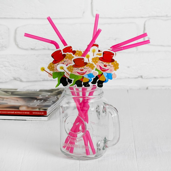 Трубочка для коктейля "Клоун" с волшебной палочкой, набор 6 шт.