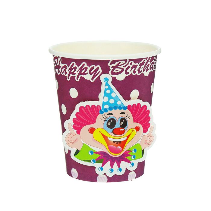 Стакан бумажный "С днем рождения" выпуклый клоун (набор 6 шт)