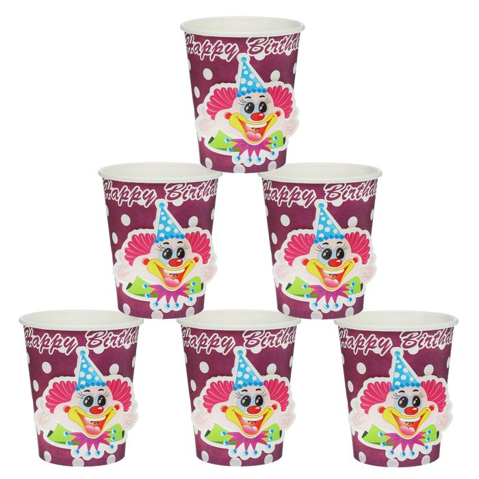 Стакан бумажный "С днем рождения" выпуклый клоун (набор 6 шт)