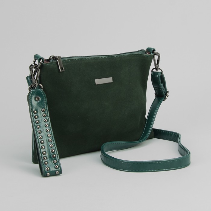 Клатч женский на молнии, 1 отдел, наружный карман, с ручкой, длинный ремень, цвет зеленый