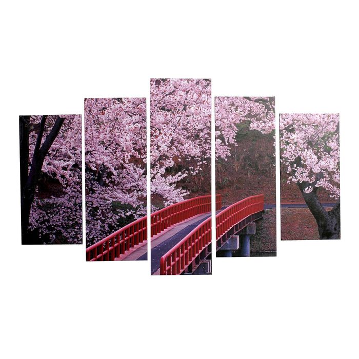 Модульная картина на подрамнике "Красный мост", 2 шт. — 25×52, 2 шт. — 25×67, 1 шт. — 25×80 см, 80×125 см