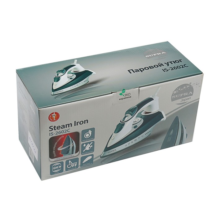 Утюг Supra IS-2602C, 2600 Вт, паровой удар, вертик. отпаривание, керам. подошва, зеленый