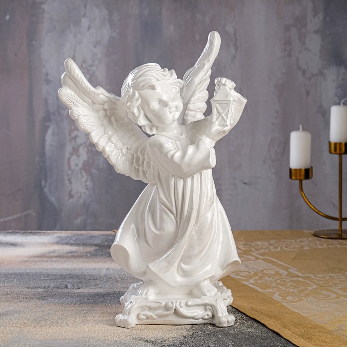 Статуэтка "Ангел с фонарем", белая, гипс, 35 см