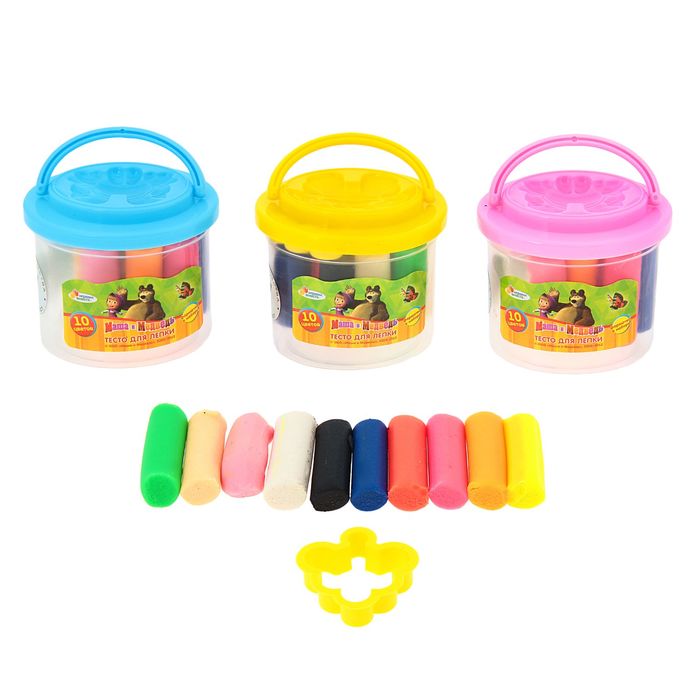 Набор теста для лепки "Маша и Медведь" в ведре: 75 г, 10 цветов + формочки, МИКС