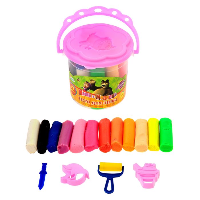 Набор теста для лепки "Маша и Медведь" в ведре: 12 цветов, 240 г, МИКС