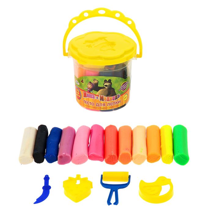 Набор теста для лепки "Маша и Медведь" в ведре: 12 цветов, 240 г, МИКС