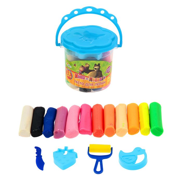 Набор теста для лепки "Маша и Медведь" в ведре: 12 цветов, 240 г, МИКС