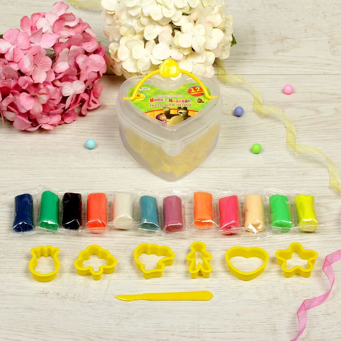 Набор теста для лепки "Маша и Медведь": 12 цветов, 175 г + 6 формочек, МИКС