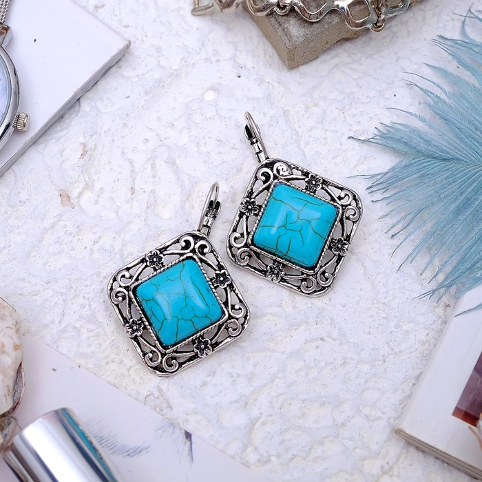 Серьги восток, ромб в металлической оправе "Бирюза"
