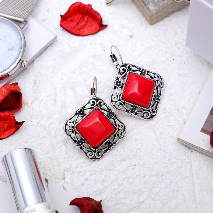 Серьги восток, ромб в металлической оправе "Коралл"