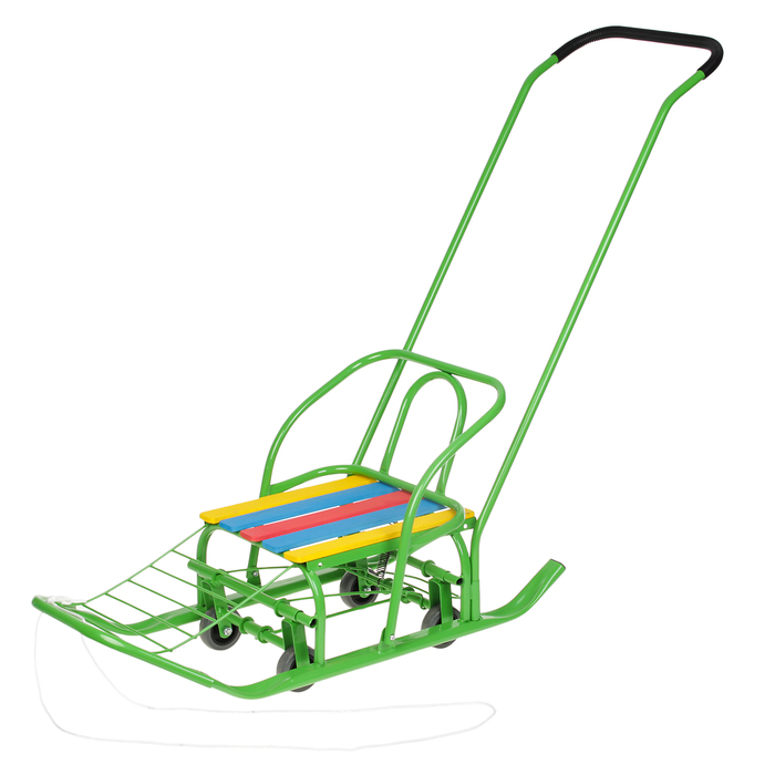 Санки "Кирюша-7ШВК+" с толкателем, с дополнительной базой колёс, цвет зелёный