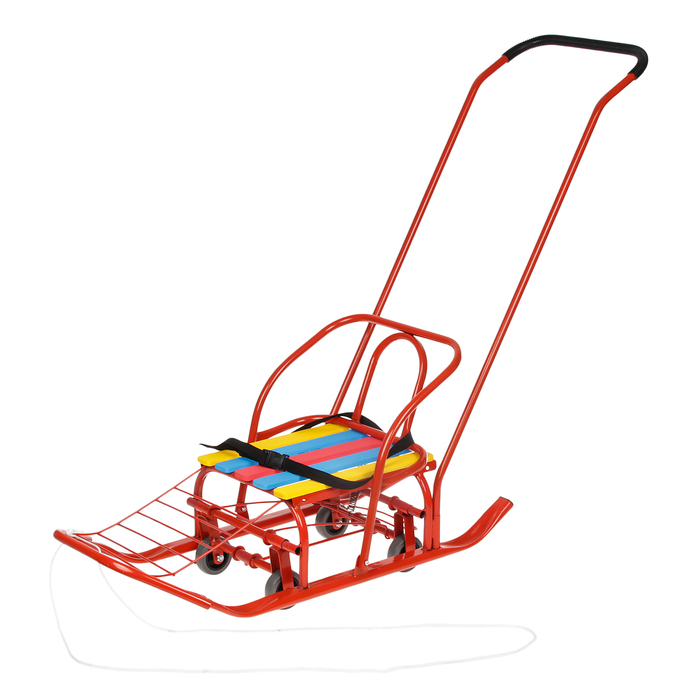 Санки "Кирюша-7ШВК+" с толкателем, с дополнительной базой колёс, цвет красный