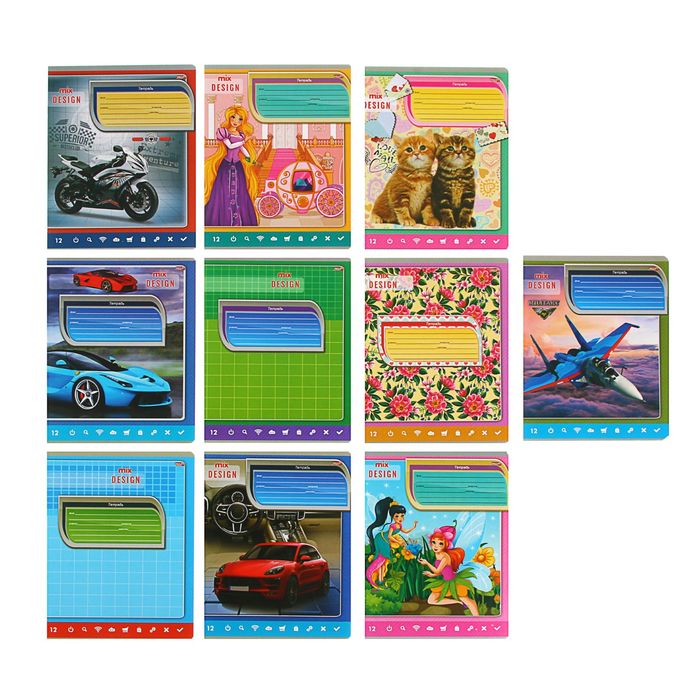 Тетрадь 12 листов клетка "Микс-17", обложка картон хромэрзац, 10 видов МИКС