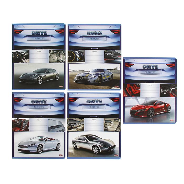 Тетрадь 18 листов клетка "Быстрые автомобили", обложка картон хромэрзац, 5 видов МИКС