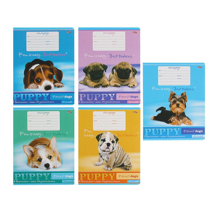 Тетрадь 18 листов клетка "Забавные щеночки", обложка картон хромэрзац, 5 видов МИКС