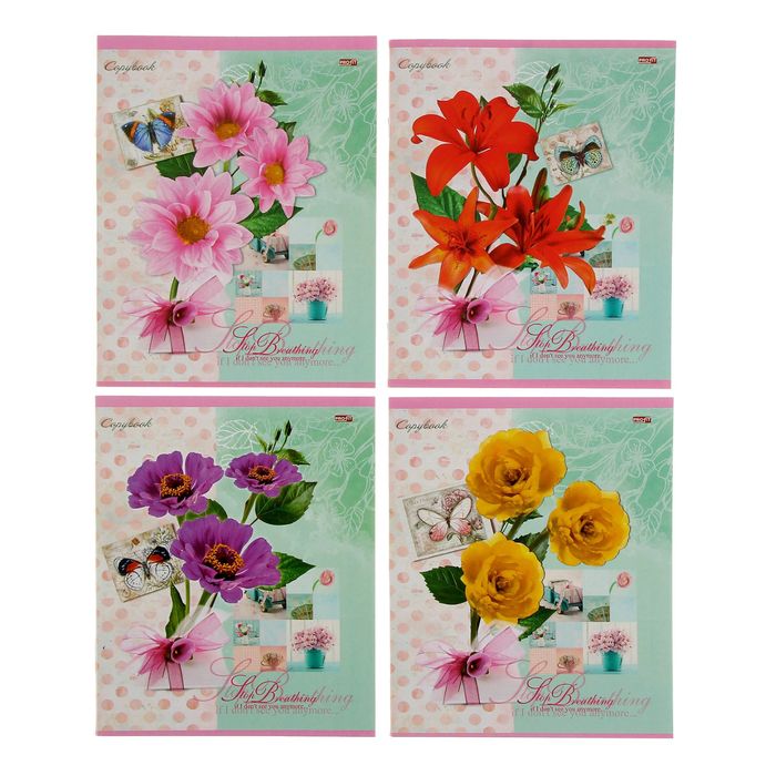 Тетрадь 36 листов клетка "Три ярких цветка", обложка картон хромэрзац, 4 вида МИКС