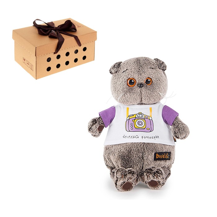 Мягкая игрушка "Басик" в футболке с принтом «Весёлый фотограф», 19 см