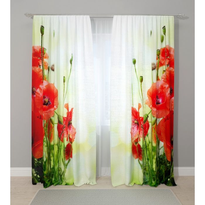 Комплект штор "Маки на зеленом фоне", 145 х 260 см, 2 шт, габардин, п/э