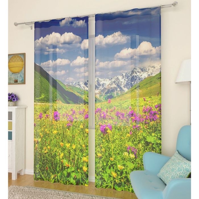 Тюль Альпы и цветы, ширина 145 см, высота 260 см 2 шт, п/э