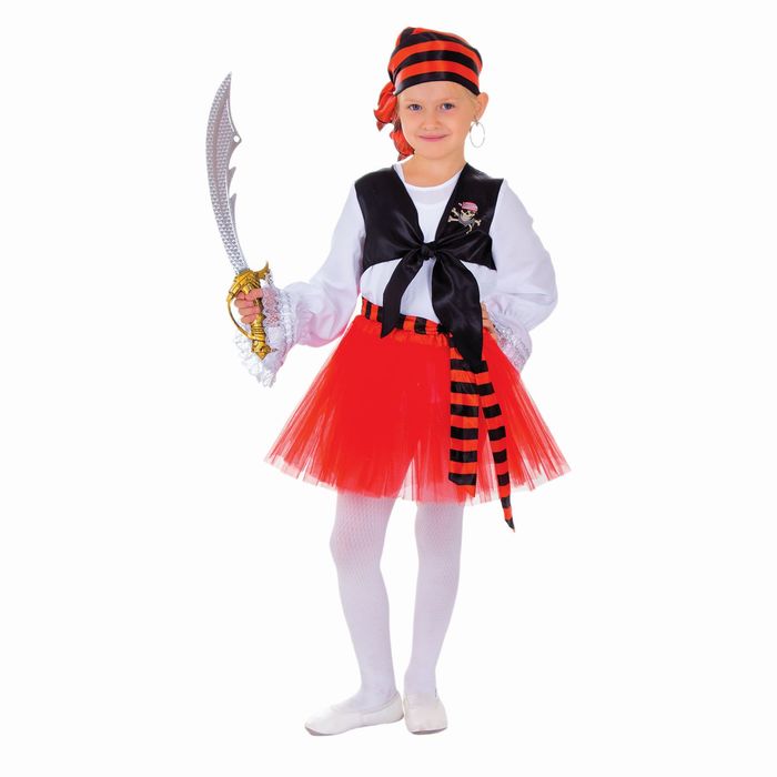 Карнавальный костюм "Пиратка", блузка, юбка, бандана, клипса, наглазник, сабля, р-р 28, рост 104 см