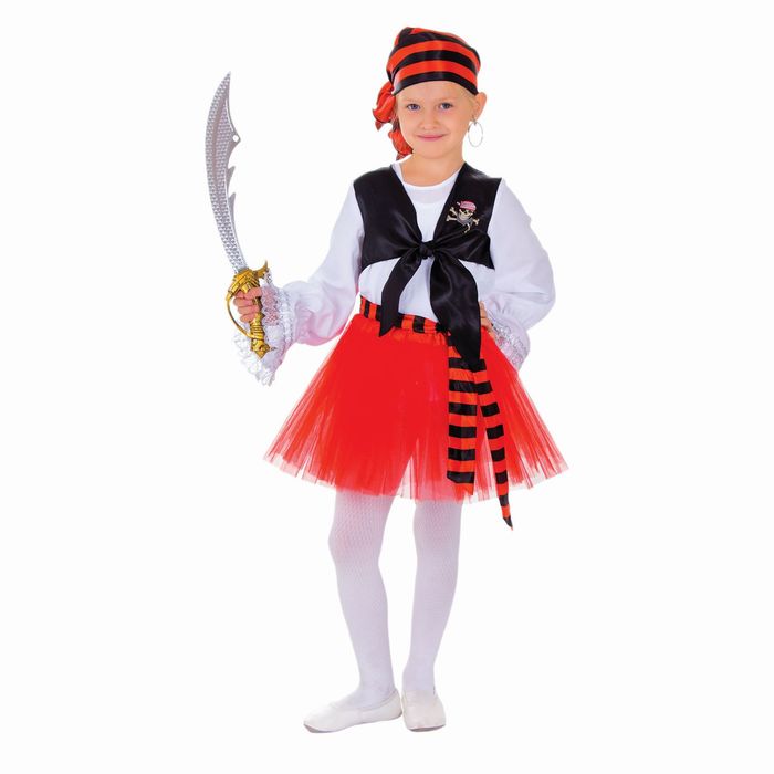 Карнавальный костюм "Пиратка", блузка, юбка, бандана, клипса, наглазник, сабля, р-р 32, рост 128 см