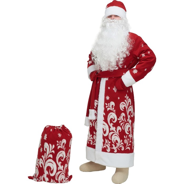 Карнавальный костюм "Дед Мороз", шуба, шапка, варежки, пояс, мешок, р-р 56-58