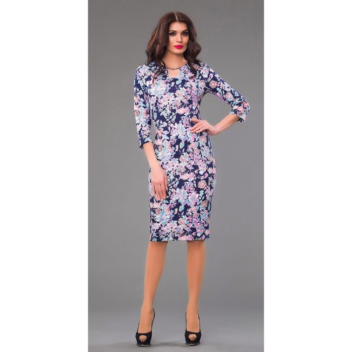 Платье женское, размер 50, цвет синий+цветы 438-2