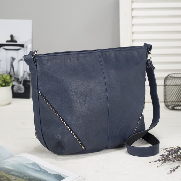 Сумка женская на молнии, 1 отдел, наружный карман, длинный ремень, цвет синий