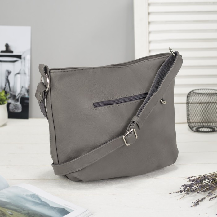 Сумка женская на молнии, 1 отдел, наружный карман, длинный ремень, цвет серый