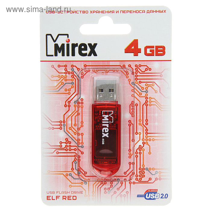 фото Флешка mirex elf red, 4 гб, usb2.0, чт до 25 мб/с, зап до 15 мб/с, красная