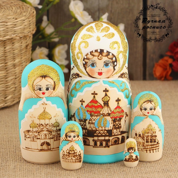 Матрёшка «Храмы», выжигание, зелёный платок, 5 кукольная, 17 см, люкс