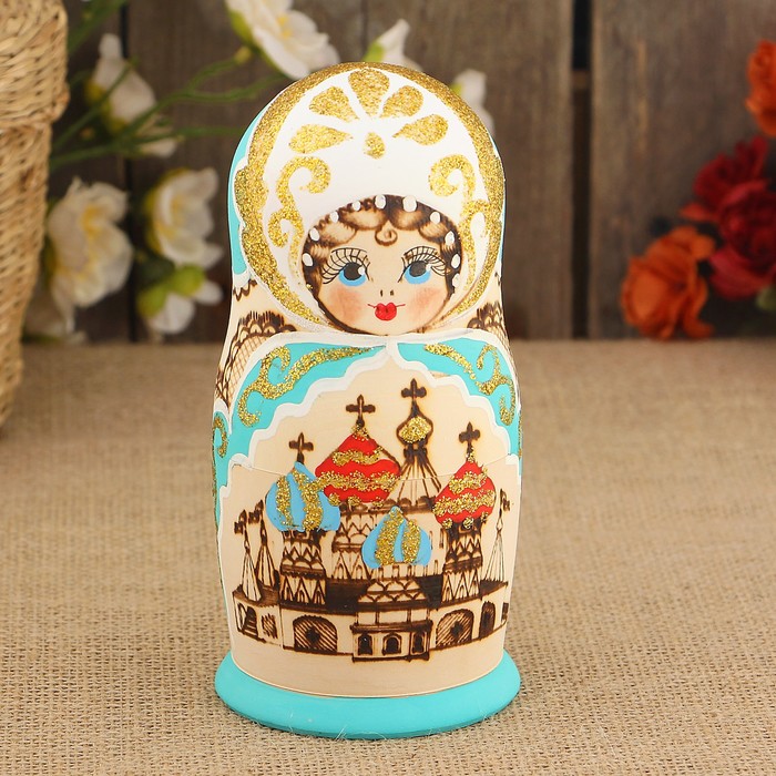 Матрёшка «Храмы», выжигание, зелёный платок, 5 кукольная, 17 см, люкс