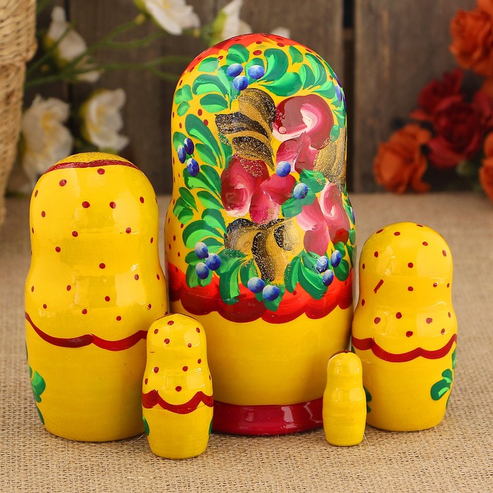 Матрёшка «Цветочная», жёлто-красный платок, 5 кукольная, 15 см, люкс