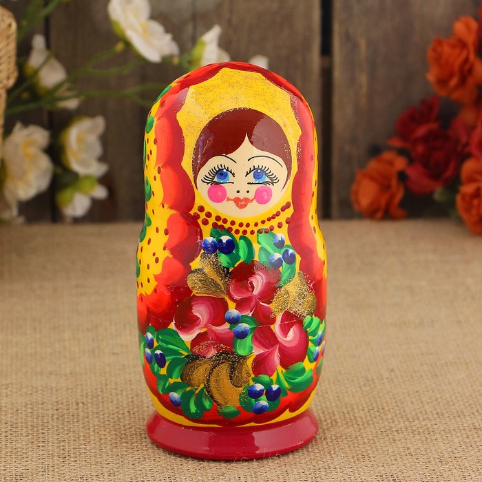 Матрёшка «Цветочная», жёлто-красный платок, 5 кукольная, 15 см, люкс