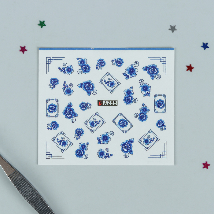 Слайдер-дизайн для ногтей "Гжель", водный, цвет бело-синий