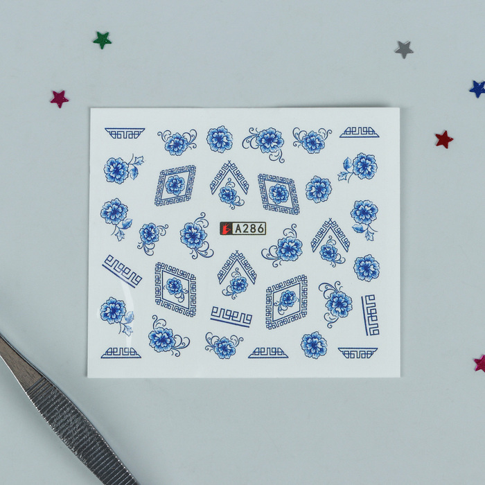 Слайдер-дизайн для ногтей "Гжель", водный, цвет бело-синий