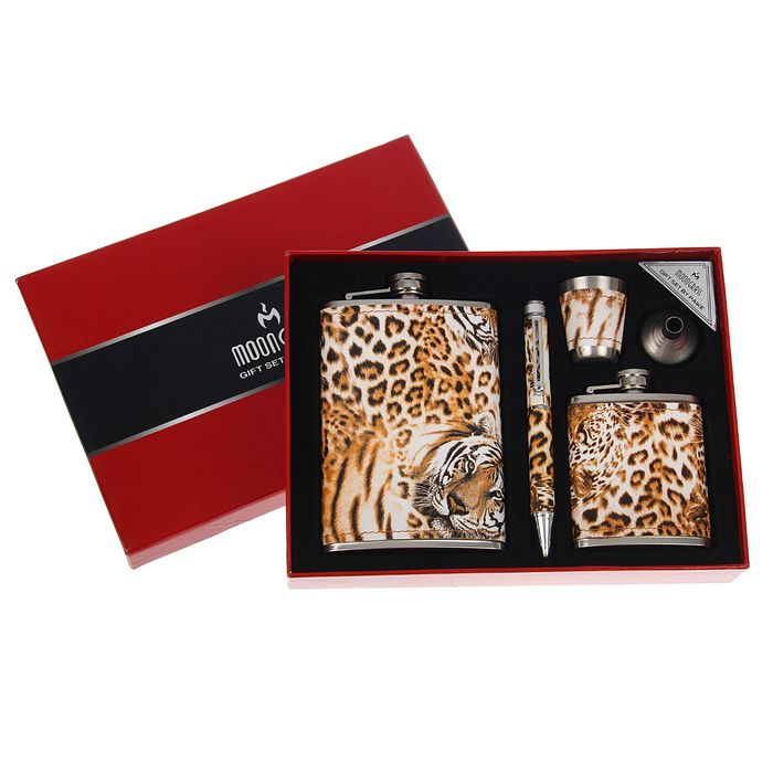 Подарочный набор 5 в 1 "Леопард": фляжки 90 мл и 270 мл + воронка, ручка и рюмка