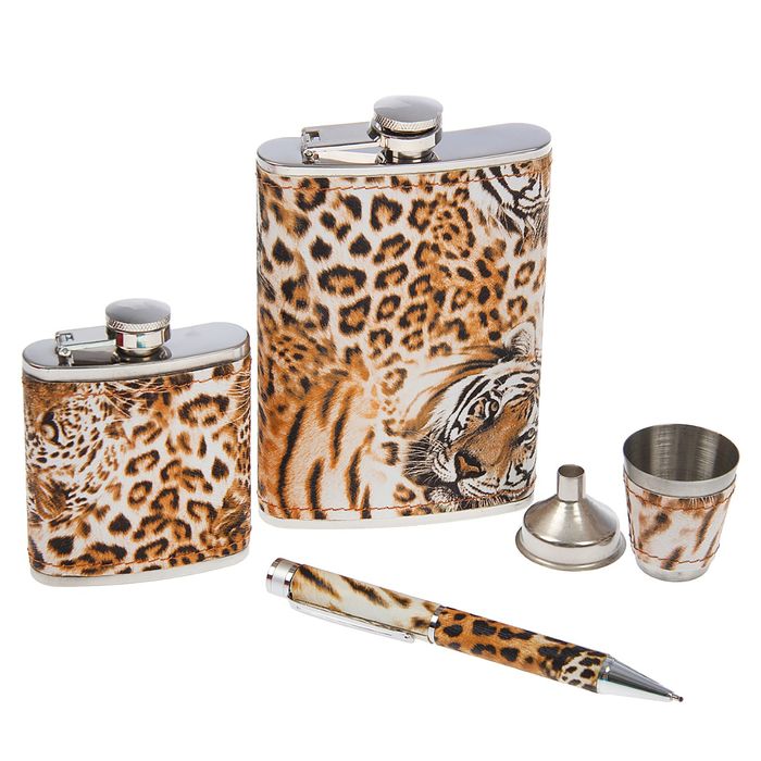 Подарочный набор 5 в 1 "Леопард": фляжки 90 мл и 270 мл + воронка, ручка и рюмка