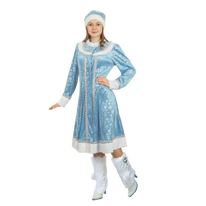 Карнавальный костюм "Снегурка в шапочке", шуба с круглой кокеткой, серебро на голубом, р-р 46