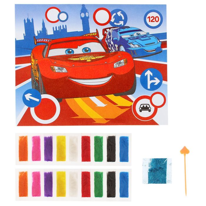 Фреска песком "Вперед" Тачки + блёстки