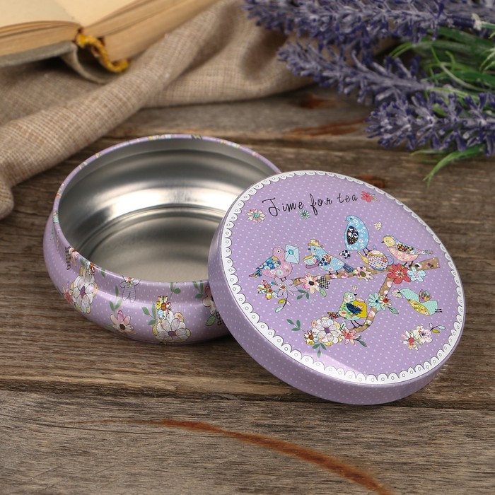 Шкатулка металл круг "Яркие птички" 3,5х8,5х8,5 см