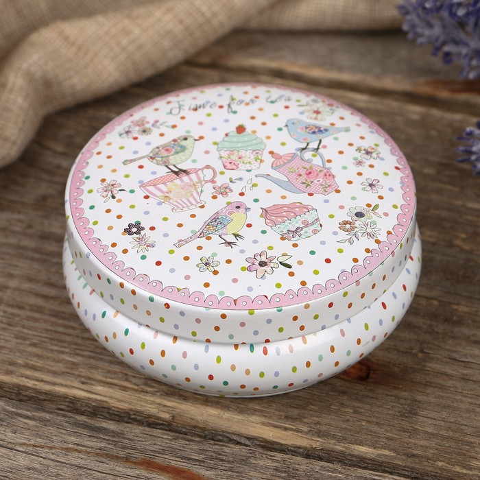 Шкатулка металл круг "Чаепитие и птички" 3,5х8,5х8,5 см