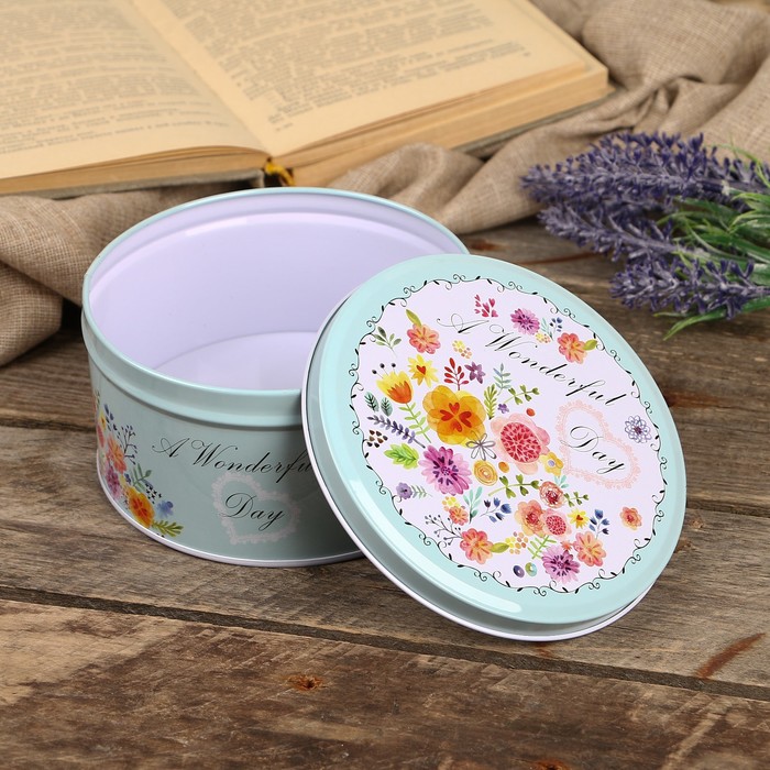 Шкатулка металл круг "Яркая полянка" 7х13,5х13,5 см