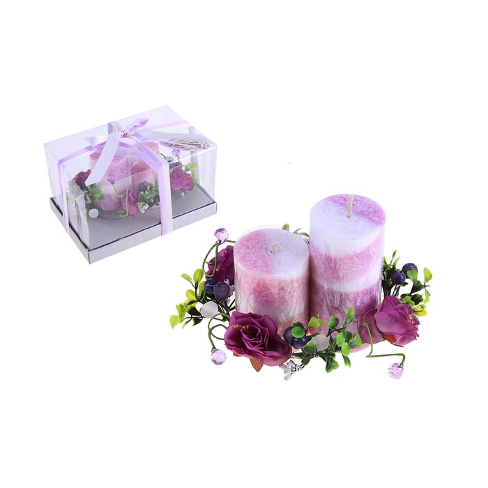 Свечи восковые (набор 2 шт + декор) "Рассвет в саду", цвет сиреневый