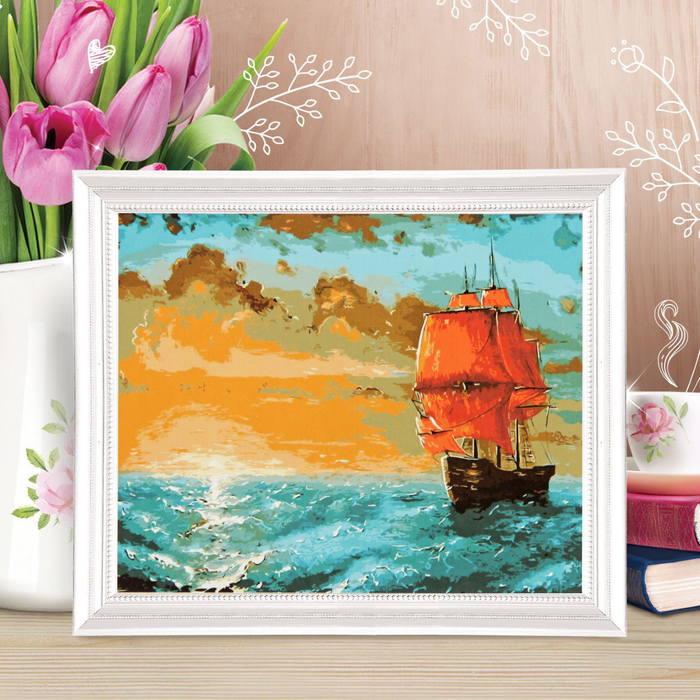 Роспись по холсту "Корабль с алыми парусами" по номерам с краск по 3 мл+ кисти+крепеж 30*40
