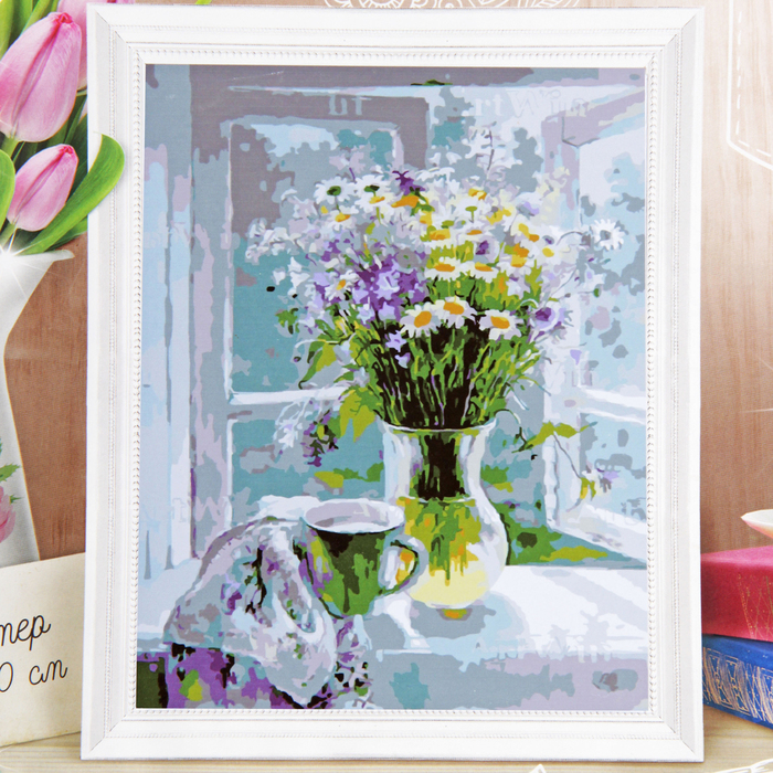 Роспись по холсту "Полевые цветы на окне" по номерам с красками по 3 мл+ кисти+крепеж 30*40 13874