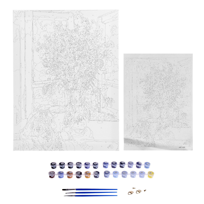 Роспись по холсту "Полевые цветы на окне" по номерам с красками по 3 мл+ кисти+крепеж 30*40 13874